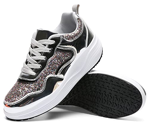 Dadawen Women's Glitter Platform Wedge Athletic Tennis Walking Shoes Sparkly Sequin Lightweight Non Slip Casual Comfort Fashion Sneakers Silver Us Size 8 #TOP6