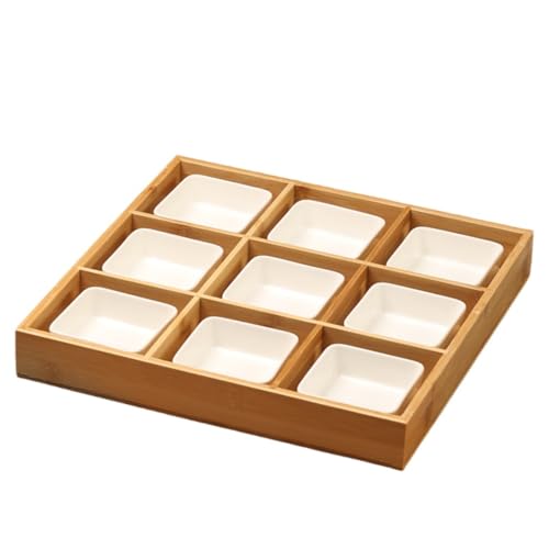 MiluFox小皿セット 和風 前菜皿 深型 盛り鉢 9点セット 陶器付き 仕切り竹トレイ付き 醤油皿 小鉢 和食器 天然木 セラミック 火鍋 焼肉 寿司 食洗機対応 調理器具 (【9格+9?】d)