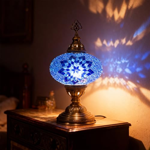 Mozaist Turkish Lamp, Mosaic Table Lamp, Antique Moroccan Decorative Glass Bohemian Vintage Lamp Shade, Small Desk Tiffany Bedside Stained Glass Lamp with US Plug and E12 Socket