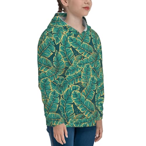 Gold and Green Tropic Leaves Kids Pullover Hoodies Boys Sweatshirts Girls Athletic Clothes with Pocket3