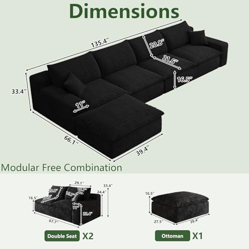 Image of 136 inch Cloud Couch Modular Sectional Sofa for Living Room, L-Shape Boneless Couch with Deep Seat, Modern Corduroy 4-Seater with Ottoman, No Assembly Required, Black