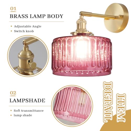 Image of Nordic Pink Glass Sconce Vintage Wall Light 90 Adjustable Gold Rod | Bathroom Light Fixture Vanity Light Pink Striped Glass,Mid Century Antique Style E26 Base,Mirror,Bedroom,Living Room,Hallway