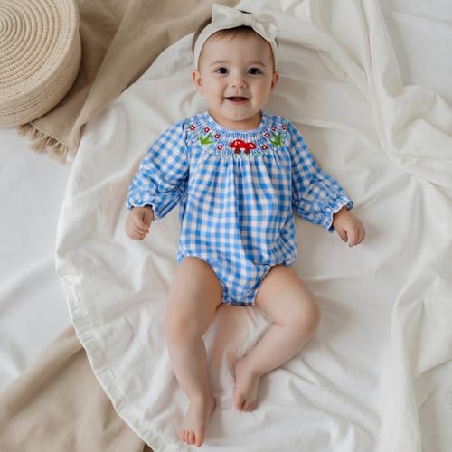 Infant Girls Smocked Mushroom Romper Long Sleeve Embroidery Flower Gingham Bodysuit Tops Newborn Baby Fall Clothes3