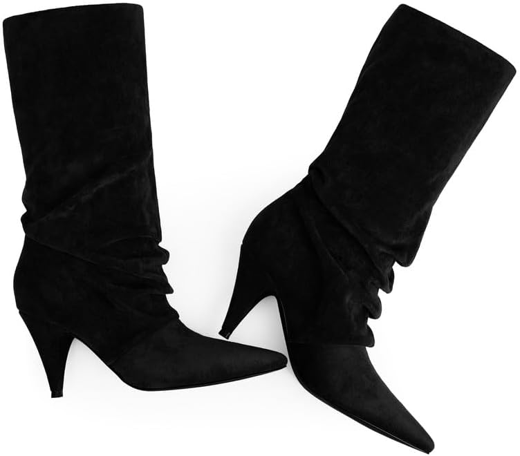 Modatope Slouchy Mid Calf Boots for Women Pointed Toe Chunky Heel Boots Faux Flod Over Slip on Womens Boots