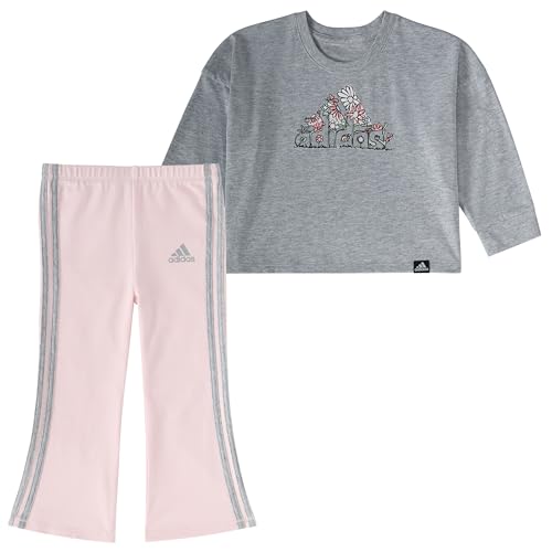 adidas Girls' 2-Piece Long Sleeve Graphic Tee & Flare Pant Set, Grey Heather Pink, 24M