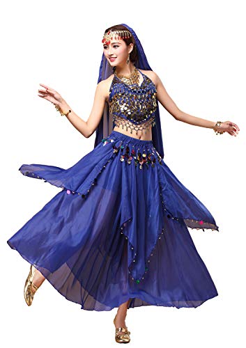 ORIDOOR Women Belly Dance Dress Set Crop Top Padded Bra Top Sparkling Belly Dance Chiffon Skirts with Coins 5-piece Outfit Royal Blue