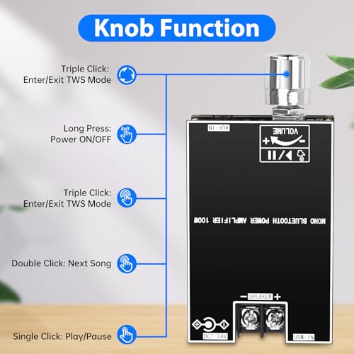ZK-1001B Bluetooth Amplifier Board,100W Mono Channel Amp Board with TWS Pairing Function,DC 7-24V, Bluetooth/USB and AUX Inputs, Audio Amp Board for Home DIY Wireless Speakers, Password Free