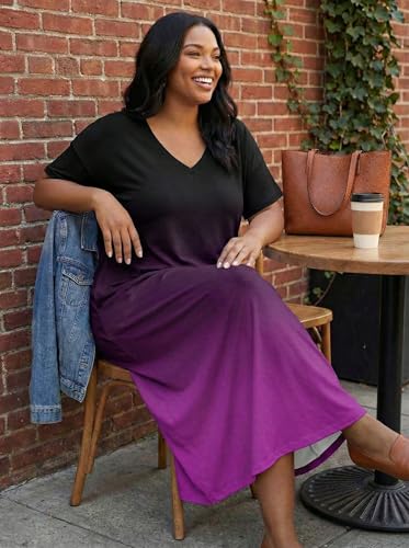 Image of SUZONANA Women Casual T-Shirt Dress V Neck Short Sleeve Solid Color Oversize Dress with Front Two Pockets
