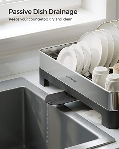 Image of SONGMICS Dish Drying Rack, Stainless Steel, Extendable Spout | Dish Drainers for Kitchen Counter, Fingerprint-Resistant, 12.4 x 23.1 In, Ink Silver and Black, PAXTON Collection UKCS030B01