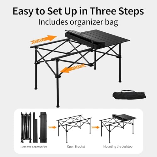 Image of Portable Folding Camping Table with Aluminum Slat Top, Heavy-Duty Steel Frame, Adjustable Stable Legs, Lightweight Outdoor Table for Camping, Picnic, BBQ, Travel & Garden Use