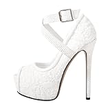onlymakerheels Women's Platform Heels Pumps Stiletto Heels Ankle Strap Rhinestone Peep Toe High Heels Pumps White Size15