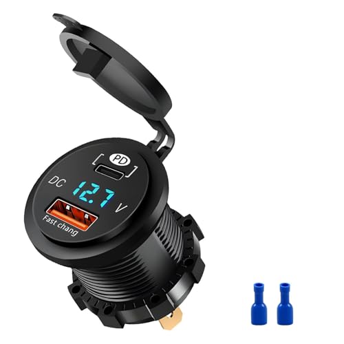 Image of Car Charger Socket, 48W Total Output Car Charger Socket with USB-C PD & USB-A Fast Charging Dual Port LED Voltmeter Waterproof Cigarette Lighter Adapter for 12V/24V Campervan Motorcycle RV Marine