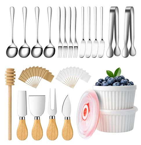 Charcuterie Boards Accessories Bowls with Lids, Cheese Butter Spreader Knife Set Mini Serving Tongs, Forks, Spoons,Dipping Bowls, Toothpick Flags, Honey Dippers For Party Platter Making (Silver)