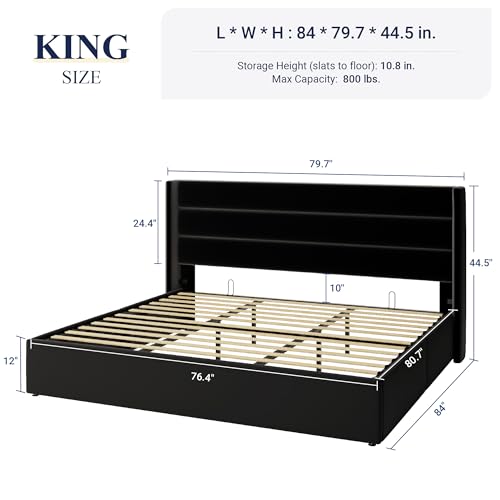 Allewie King Size Velvet Lift Up Storage Bed, Modern Wingback Headboard, Hydraulic Support, No Box Spring Needed, Black