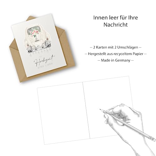 Pusteblume Grusskarten 2 x Hochzeitskarte mit Auto auf der Vorderseite im Aquarellstil gemalt Karte Hochzeit - (2 Stück)