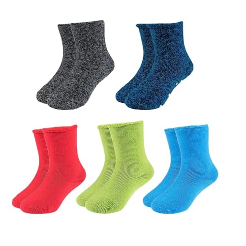 HOT FEET Toddler Crew Warm Thermal 5/6 Pack Socks Soft Thick Brushing, 2-4 Years, 5 Pack, 3 Solid Non-gripped / 2 Marled Gripped