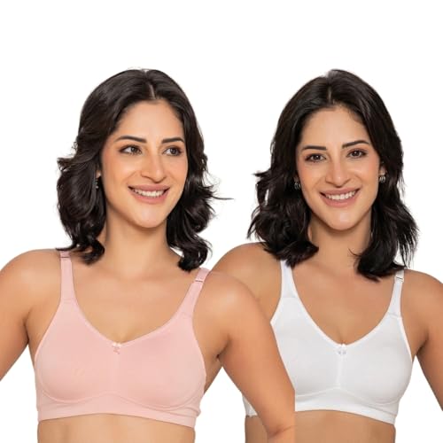 Image of INKURV Seamless Non-Padded Bra for Women | Non-Wired Cotton Full Coverage T-Shirt Bra | Thin Adjustable Straps | Double Layered Cups | Anti Sag Lift Up Support | Luna Combo of 2