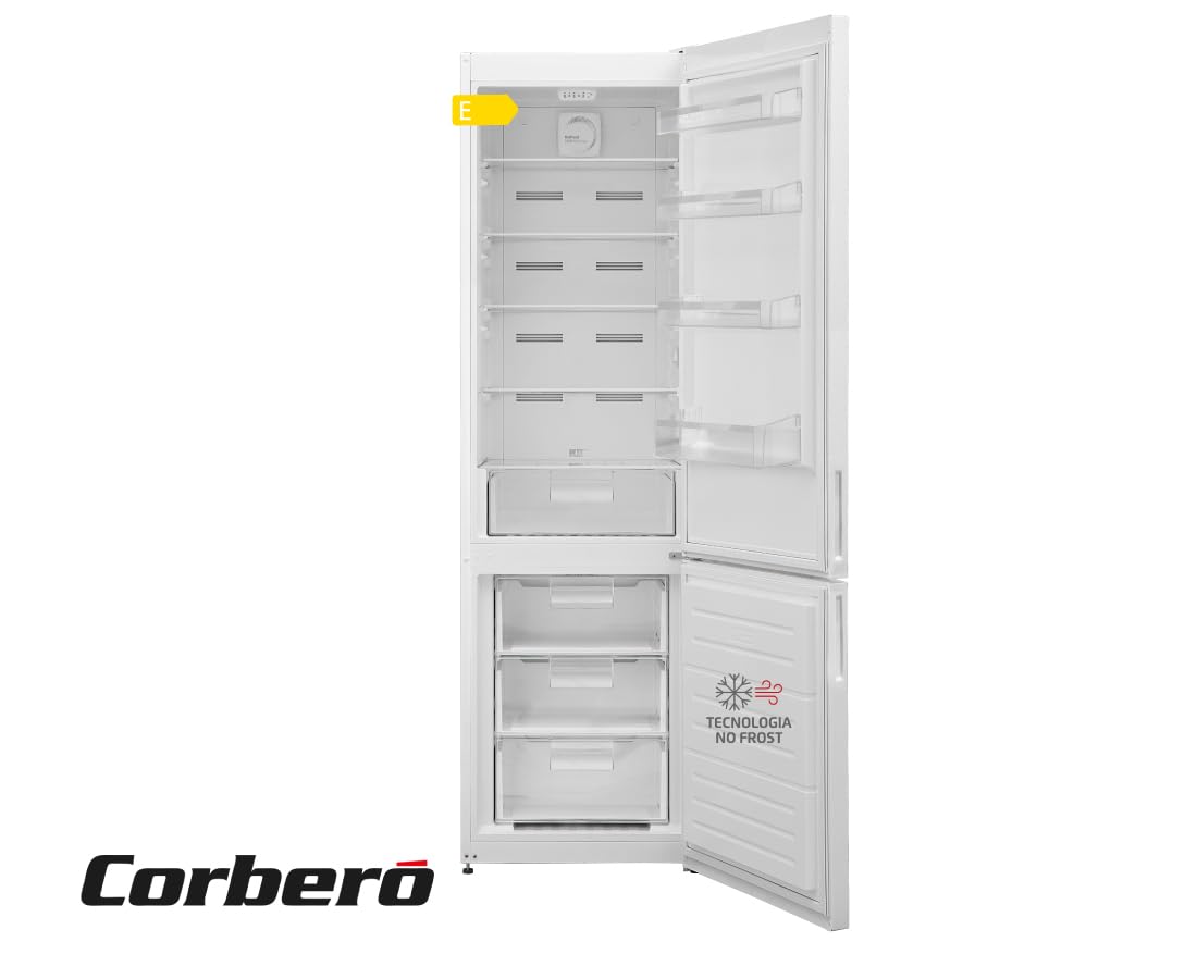 Corberó - Frigorífico Combi | CC200V24NFW | 327L | 60x59,5x201 | No Frost, Luz LED, Crisper, Balcones Ajustables, Estantes de Cristal, Huevera | 39 Db | Blanco
