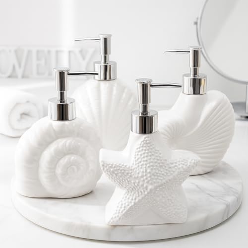 Image of Whizzo Ceramic Shell Shaped Liquid Soap Dispenser with Chrome Pump | Elegant Bathroom & Kitchen Accessory | White Glossy Finish | Refillable Handwash Lotion Bottle (420ML, LD-212, Design4)