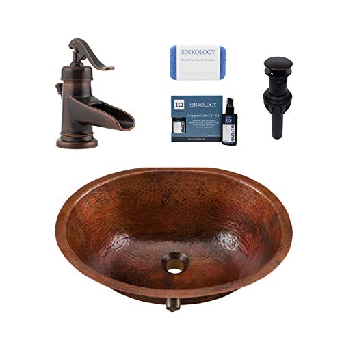Sinkology SB207-19AG-F042-AMZ Freud Undermount Bath Sink Pfister Ashfield Faucet and Drain Bathroom All-in-One Kit, Aged Copper