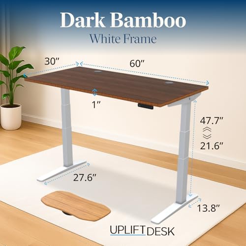 Image of UPLIFTDESK Dark Bamboo (60 x 30 inch) Standing Desk 2-Leg V3 Adjustable Stand Up C-Frame (White), Advanced Keypad, Wire Grommets, Wire Tray, Rocker Board