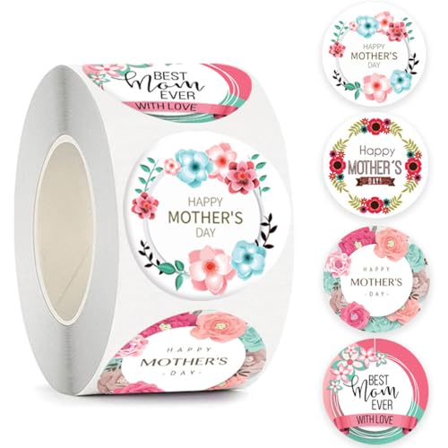 500Pcs Mother‘s Day Stickers Happy Mother’s Day Label Stickers Round Roll Tag Self-Adhesive Flower Stickers Label for Envelop Seal Stickers Mother‘s Day Gift Card Boxes DIY Sticker Craft Decoration