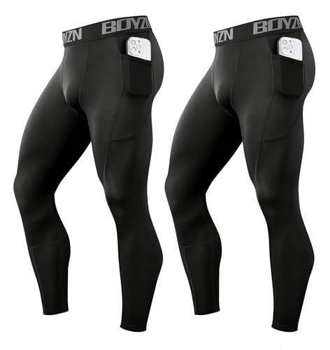 Boyzn 2er Pack Kompressionshose Herren Sport Leggings Atmungsaktiv Fitness Strumpfhosen Funktionswäsche Pants Unterhose Lang für Laufen Wandern Radfahren 2P-Black(Pocket)-2XL