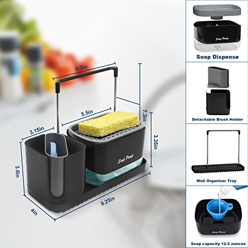 Soap Dispenser with Sponge Holder, SYOUACEND Dish Soap Dispenser and Caddy Set 4-in-1 Sponge Holder for Kitchen Sink Caddy Organizer Detachable Soap Pump Dispensing with Brush Holder