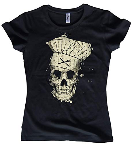 NG articlezz Camiseta de Mujer Cook Calavera Cocinera Calavera Oldschool Tallas S-XXL - Negro/Negro, M