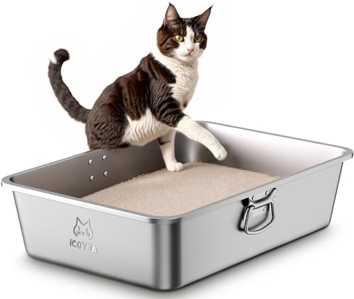 Bac Litiere pour Chat en INOX avec Poignées, Bac à Litière pour Grands Chats et Lapins, Caisse Chat Litiere XXL, Litiere Toilette pour Maine Coon, Anti-Adhérent, Anti-Odeurs, Facile à Nettoyer