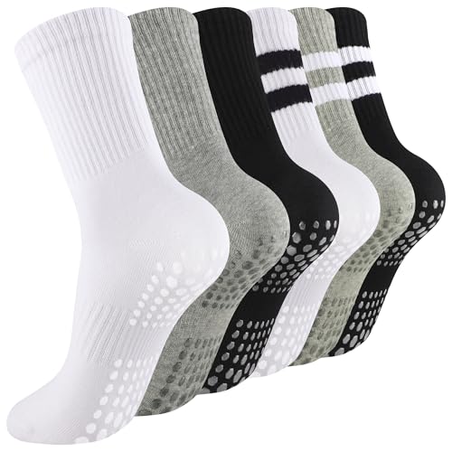 KUTTOR 6 Pairs Pilates Yoga Grip Socks for Women Non Slip Athletic Crew Socks for Sport,Workout，Hospital,Barre