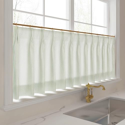 Image of TWOPAGES Pinch Pleat Cafe Curtains 24 Inch Long Ticking Stripe Light Filtering Farmhouse Half Window Curtains for Kitchen (Light Green Pinstripe, 26W x 24L Inches, Set of 2)