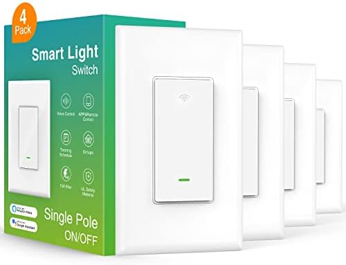 GHome Smart Switch,Smart Wi-Fi Light Switch for Lights Works with Alexa and Google Home 2.4Ghz, Single-Pole,Neutral Wire Required,UL Certified,Voice Control (4 Pack)
