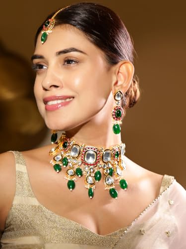 Image of Rubans Necklace Maangtikka Set Gold Plated Kundan & Pearl Jewellery Gift for Women & Girls