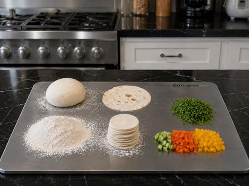 Image of OrganizeMee Premium (35x30cm) Stainless Steel Chopping Board | Steel Kitchen Counter top for Cutting, Vegetable Chopper, for Meat & Veggies Items, Chopping Board Steel pad (Medium Platform)