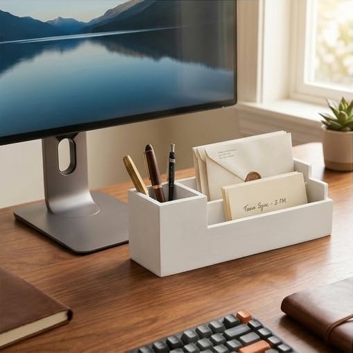 Image of Wooden Desk Organiser with Pen Holder, Mobile & Tablet Stand, Card Holder - Multi-Compartment Office Desk Organizer for Study Table, Bedside Table & Living Room | White Finish