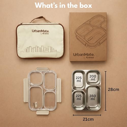 Image of Kreme UrbanMate Bento Lunch Box with Carry Bag 1000 ml, 4 Compartment Lunch Box, Stainless Steel, Leak Proof, Spill Proof, Ideal for Adults, Teenagers and Kids, Ivory