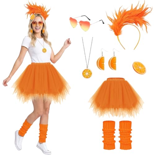 Jupes en tulle orange avec plumes et boucles d'oreilles assorties