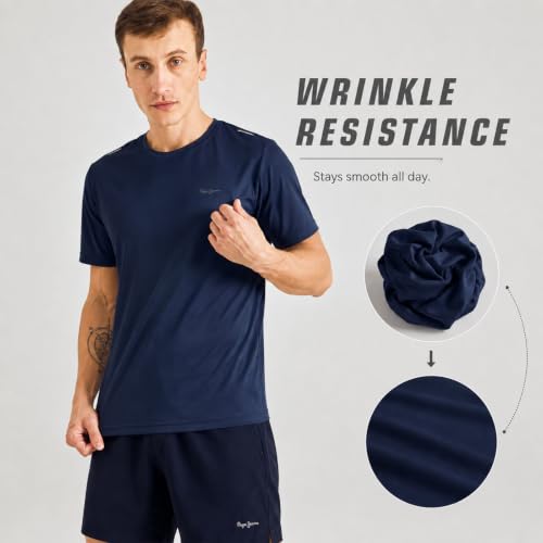 Image of Pepe Jeans Men's Solid Polyester Regular Fit T-Shirt | Lightweight Quick-Dry Athleisure Tee for Sports, Gym & Casual Wear | Moisture-Wicking Fabric | Round Neck | Short Sleeves | Active Comfort