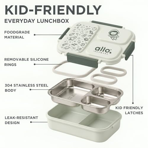 Image of Allo Bento Stainless Steel Lunch Box for Kids- BIS Approved, 304 Stainless Steel 3 Compartment Leakproof Tiffin Box for Boys and Girls for School, Travelling, Baby Snacks, 740ml Green Space