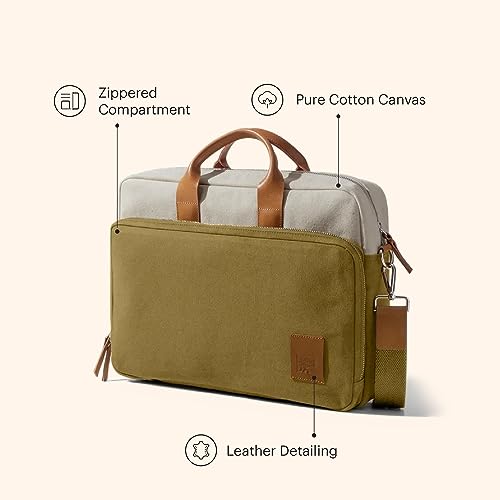Image of DailyObjects 100% Cotton Canvas Commute Laptop Messenger Bag for Men & Women | Travel Shoulder Handbag With Trolley Sleeve | Metal Zip Closure | Leather Handles | Padded Laptop Compartment For 14 inch