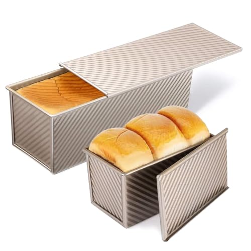 2 Pack Pullman Loaf Pan with Lid, 13x4 & 9x4 inch (2.2 lb & 1 lb Dough Capacity), Non-Stick Sandwich Bread Loaf Pan for Homemade Baking Bread, Gold