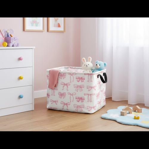 Image of Rectangular Kids Basket Baby Girl Basket Fabric Storage Bin Organizer Box Room Decor(Beautiful Bowknot)