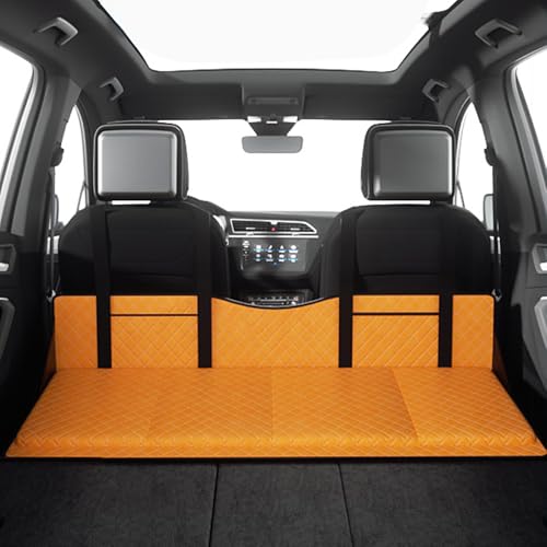 FADACAI 車中泊 マット 車用ベッド 後部座席マット カーマットレス ギャップパッド マット 車載 ベッドキット 折りたたみ式 间隙 アウトドア キャンプ コンパクト収納 簡易ベッド 背もたれ付き 車中泊 グッズ カー用品 仮眠 車内泊 旅行用 キャンプ用品 軽自動車 SUV MPV 対応 汎用 災害 グッズ 防災 カー用品 (オレンジ（合成皮革）, 1個入り)