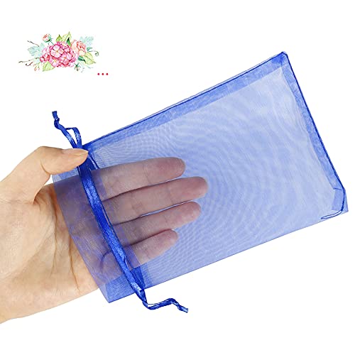 Image of HRX Package Royal Blue Organza Bags 100pcs, 4 x 6 inch Mesh Drawstring Gift Bags Jewelry Pouches Small Sachet for Christmas Candy Party Favor