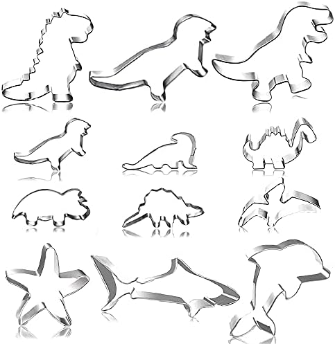 12 pcs Cookie Cutters, BOSOIRSOU 6 pcs 3" and 6 pcs 1.5" Dinosaur Sea Creature Shape Stainless Steel Biscuit Metal Molds for Kitchen Baking Cake Candy Bread
