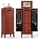 Giantex Standing Jewelry Cabinet with 9 Drawers, Flip Top Mirror, 2 Side Doors with Necklace Hooks, Top Divided Tray with Ring Slots, Velvet-Lined Jewelry Armoire Organizer Storage Chest, Cherry