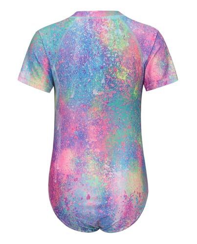 Image of Girls One Piece Rash Guard Swimsuits for Kids Girls Short Sleeve Bathing Suits with Front Zipper Swimwear 3-16 Years