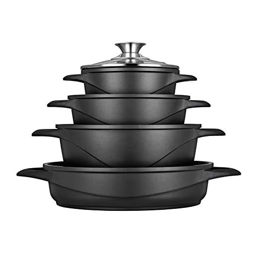 SMILE MGK17 - Batería de Cocina Inducción 8 piezas, Aluminio Fundido, 4 ollas, Tapas de Vidrio Templado, Revestimiento Antiadherente, Apta Para Todo tipo de Cocinas, Libre PFOA