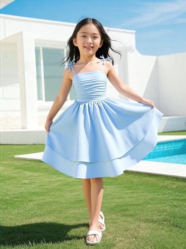 Ohrwurm Girls Smocked Ruched A Line Swing Dress Spaghetti Strap Layered Tie Shoulder Casual Beach Midi Sundress3